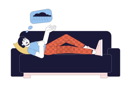 Illustration for Depressed female patient lying on sofa 2D linear cartoon character. Winter blues sad asian woman isolated line vector person white background. Seasonal depression color flat spot illustration - Royalty Free Image