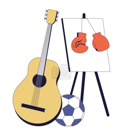 Ilustración de Diferentes actividades de ocio hobbies objeto de dibujos animados lineal 2D. Guitarra acústica, caballete, guantes de boxeo, fútbol aislado línea vector elemento fondo blanco. Ilustración plana del punto del color de la recreación - Imagen libre de derechos