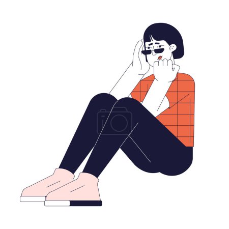 Illustration for Anxious woman korean 2D linear cartoon character. Asian nervous female isolated line vector person white background. Headache holding head girl sitting on floor color flat spot illustration - Royalty Free Image