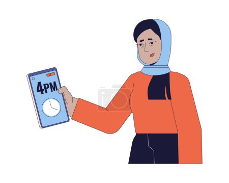 Illustration for Exhausted hijab woman checking time on cellphone 2D linear cartoon character. Insomniac muslim scarf female isolated line vector person white background. Being late color flat spot illustration - Royalty Free Image