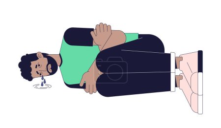 Illustration for Emotional breakdown black man lying curled up 2D linear cartoon character. Depressive african american male isolated line vector person white background. Melancholy color flat spot illustration - Royalty Free Image