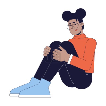 Illustration for Tired african american woman hugging knees 2D linear cartoon character. Winter blues. Fatigue black girl isolated line vector person white background. Emotional burnout color flat spot illustration - Royalty Free Image