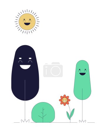 Illustration for Plants enjoying sunny day line cartoon flat illustration. Smiling trees flower under sunshine 2D lineart fairy personages isolated on white background. Sun loving plants scene vector color image - Royalty Free Image