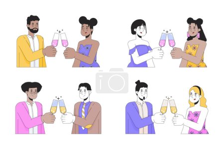 Illustration for Diverse couples champagne clinking 2D linear cartoon characters set. Wineglasses toasting isolated line vector people white background. Happy valentines day color flat spot illustrations collection - Royalty Free Image