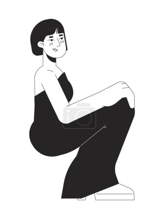 Illustration for Prom formal dress asian woman black and white 2D line cartoon character. Shy sitting korean adult female isolated vector outline person. High school party monochromatic flat spot illustration - Royalty Free Image