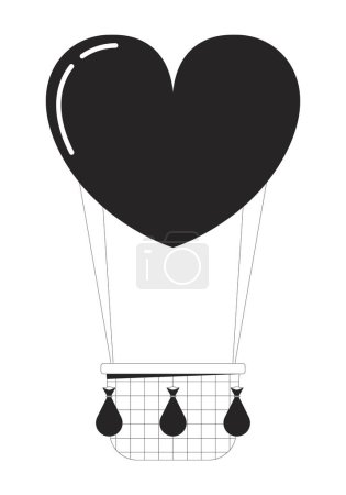 Illustration for Floating hot air balloon black and white 2D line cartoon object. Festival ballooning isolated vector outline item. Romantic heart-shaped baloon transportation monochromatic flat spot illustration - Royalty Free Image