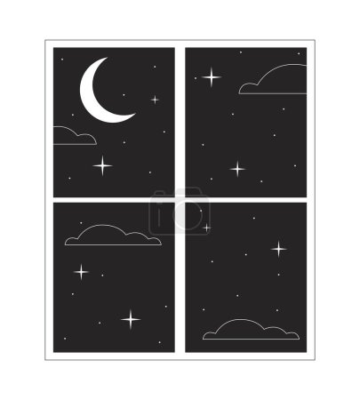 Illustration for Window night black and white 2D line cartoon object. Nighttime moon window frame isolated vector outline item. Looking outside. House interior view evening monochromatic flat spot illustration - Royalty Free Image