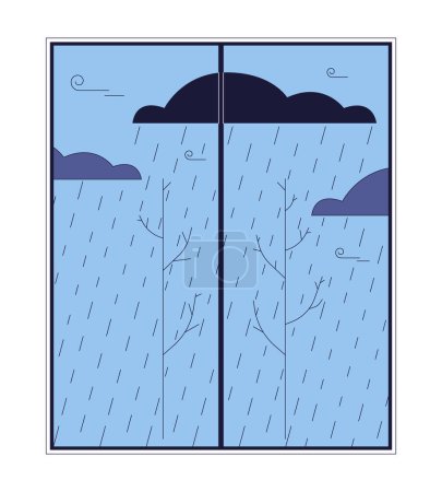 Illustration for Rainy bad weather behind window 2D linear cartoon object. Falling rain drops gloomy clouds isolated line vector element white background. Rainfall autumn season overcast color flat spot illustration - Royalty Free Image
