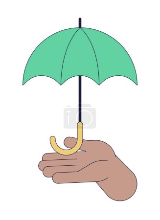 Illustration for Umbrella holding linear cartoon character hand illustration. Rainy weather protection parasol outline 2D vector image, white background. Weatherproof. Risk management editable flat color clipart - Royalty Free Image