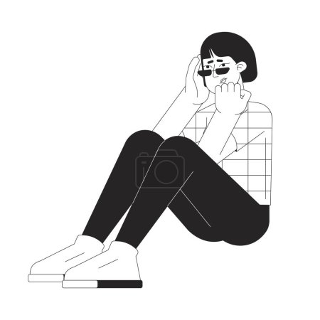 Illustration for Anxious woman korean black and white 2D line cartoon character. Asian nervous female isolated vector outline person. Headache holding head girl sitting on floor monochromatic flat spot illustration - Royalty Free Image