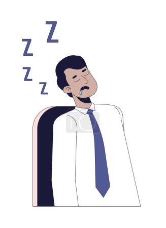 Illustration for Sleeping employee male indian 2D linear cartoon character. South asian man napping on workplace isolated line vector person white background. Fatigue exhausted worker color flat spot illustration - Royalty Free Image