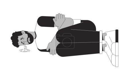 Illustration for Emotional breakdown man lying curled up black and white 2D line cartoon character. Depressive african american male isolated vector outline person. Heartbroken monochromatic flat spot illustration - Royalty Free Image