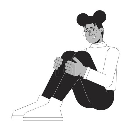 Ilustración de Mujer afroamericana cansada abrazando rodillas blanco y negro personaje de dibujos animados de línea 2D. Blues invernales. Fatiga chica negra aislado vector contorno persona. Burnout ilustración plana monocromática - Imagen libre de derechos