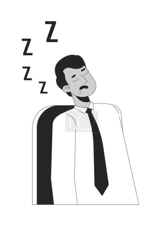 Ilustración de Sleeping employee male indian black and white 2D line cartoon character. South asian man napping on workplace isolated vector outline person. Exhausted worker monochromatic flat spot illustration - Imagen libre de derechos