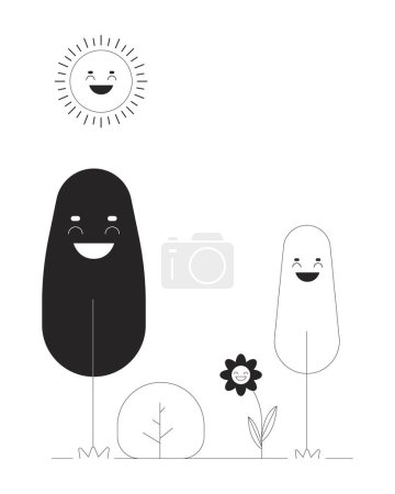 Illustration for Plants enjoying sunny day black and white cartoon flat illustration. Smiling trees flower under sunshine 2D lineart fairy personages isolated. Sun loving plants monochrome scene vector outline image - Royalty Free Image