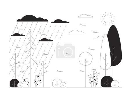Illustration for Nature seasons changing black and white cartoon flat illustration. Rainy bad weather transit to sunny day 2D lineart landscape isolated. Springtime winter monochrome scene vector outline image - Royalty Free Image