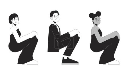 Téléchargez les illustrations : Prom girls and boy black and white 2D line cartoon characters set. Diverse young adult isolated vector outline people collection. High school graduation party monochromatic flat spot illustrations - en licence libre de droit