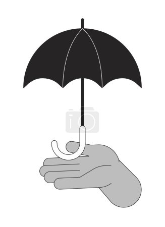 Illustration for Umbrella holding cartoon human hand outline illustration. Rainy weather protection parasol 2D isolated black and white vector image. Weatherproof. Risk management flat monochromatic drawing clip art - Royalty Free Image