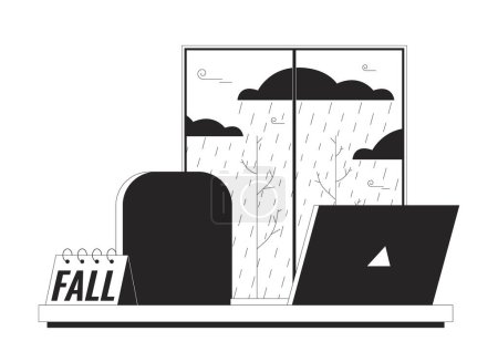 Illustration for Autumn season workplace black and white 2D line cartoon object. Seasonal depression at work. Rainy day window desk isolated vector outline item. Office job table monochromatic flat spot illustration - Royalty Free Image