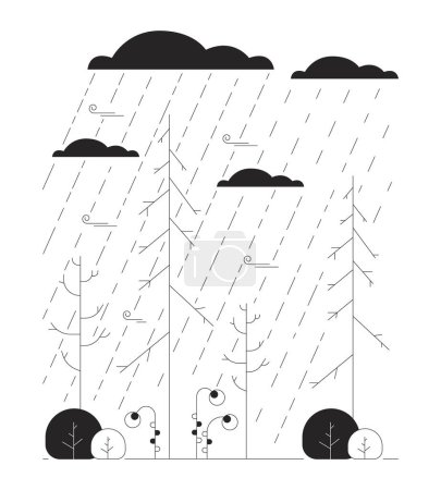 Ilustración de Otoño tiempo lluvioso dibujos animados en blanco y negro ilustración plana. Otoño temporada lluvias 2D paisaje lineal aislado. Octubre sombrío, septiembre. ¿En serio? Parque de lluvia pesada monocromo escena vector contorno imagen - Imagen libre de derechos