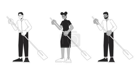 Ilustración de Formales diversos adultos remo paletas blanco y negro 2D línea personajes de dibujos animados conjunto. Multicultural aislado vector esbozan colección de personas. Actividad acuática ilustraciones planos monocromáticas - Imagen libre de derechos