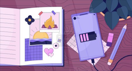 Illustration for Travel journal near smartphone charging lofi wallpaper. Diary memories tabletop wooden 2D cartoon flat illustration. Nostalgia retro. Dreamy vibes chill vector art, lo fi aesthetic colorful background - Royalty Free Image