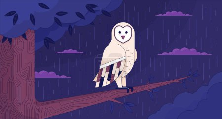 Illustration for Owl sitting on tree branch in night rainy lofi wallpaper. Nocturnal bird of prey forest rainy 2D cartoon flat illustration. Nostalgia. Dreamy vibe chill vector art, lo fi aesthetic colorful background - Royalty Free Image