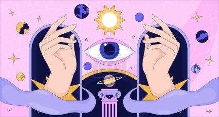 Illustration for Magic fortune astronomy lofi wallpaper. Esoteric astrology 2D cartoon flat illustration. All seeing eye, cosmic planets. Divination. Dreamy vibes chill vector art, lo fi aesthetic colorful background - Royalty Free Image