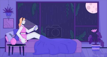 Illustration for Sleepless night scrolling phone lofi wallpaper. Girl surfing internet at rainy midnight 2D cartoon flat illustration. Insomnia. Dreamy vibes chill vector art, lo fi aesthetic colorful background - Royalty Free Image