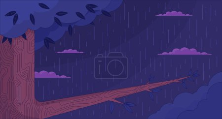 Téléchargez les illustrations : Branche de chêne sur fond de bande dessinée 2D nuit forêt tropicale. Automne nuit temps pluvieux coloré illustration vectorielle esthétique, personne. Woodland pluie ligne plate fond d'écran art, image lofi - en licence libre de droit