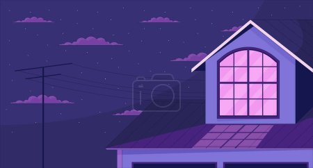 Illustration for Outside window attic on starry night clouds 2D cartoon background. Nighttime roof house outdoor colorful aesthetic vector illustration, nobody. Cottage evening flat line wallpaper art, lofi image - Royalty Free Image