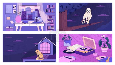 Illustration for Relaxing atmospheric lofi wallpapers set. Cozy study space, rainy night owl 2D cartoon flat illustrations collection. Cat licking paw, vinyl player chill vector art pack, lo fi aesthetic backgrounds - Royalty Free Image