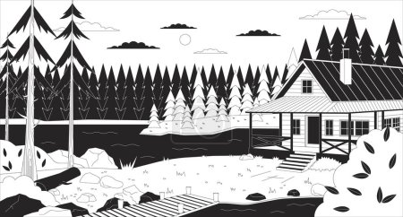 Illustration for Cozy cabin by lake dusk black and white lofi wallpaper. Cabin in forest 2D outline cartoon flat illustration. Summerhouse lake side. Family vacation. Dreamy vibe vector line lo fi aesthetic background - Royalty Free Image