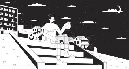 Illustration for Relaxing with pet on hillside stairs at night black and white lofi wallpaper. Dog walking 2D outline cartoon flat illustration. Man drinking coffee on staircase. Dreamy vector line lo fi background - Royalty Free Image
