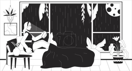 Illustration for Sleepless night scrolling phone black and white lofi wallpaper. Girl surfing internet at rainy midnight 2D outline cartoon flat illustration. Insomnia. Dreamy vibes vector line lo fi background - Royalty Free Image