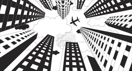 Illustration for Plane flying over high rise buildings black and white lofi wallpaper. Airplane skyscrapers below view 2D outline cartoon flat illustration. Aircraft megalopolis. Dreamy vector line lo fi background - Royalty Free Image