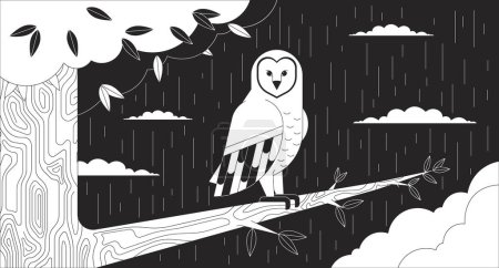 Illustration for Owl sitting on tree branch in night rainy black and white lofi wallpaper. Nocturnal bird of prey forest rainy 2D outline cartoon flat illustration. Dreamy vibe vector line lo fi aesthetic background - Royalty Free Image
