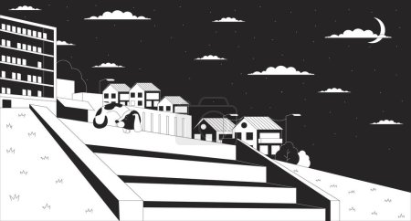Illustration for Sleeping dog on hillside stairs cityscape outline 2D cartoon background. Stray puppy resting stone steps linear vector illustration. Night town hill flat wallpaper art, monochromatic lofi image - Royalty Free Image