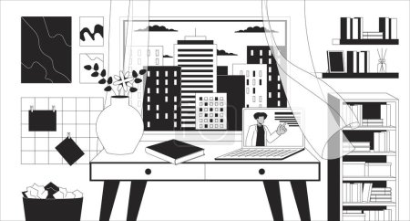 Illustration for Cozy study space with bookshelves black and white lofi wallpaper. Laptop table at window evening cityscape 2D outline cartoon flat illustration. E-learning. Dreamy vibes vector line lo fi background - Royalty Free Image
