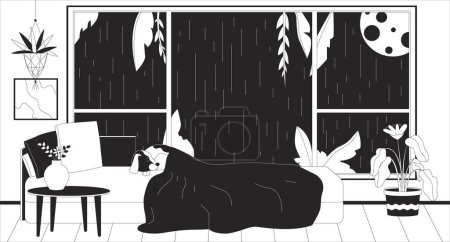 Ilustración de Perro durmiendo en la cama por la noche lluvioso contorno 2D fondo de dibujos animados. Sleepy cachorro estilo de vida ilustración vector lineal. Luna llena ventana nocturna dormitorio plano fondo de pantalla de arte, imagen lofi monocromática - Imagen libre de derechos