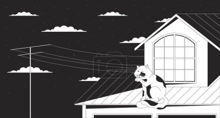 Illustration for Cat licking paw on roof at night black and white lofi wallpaper. Peaceful kitty rooftop 2D outline cartoon flat illustration. Nostalgia retro style. Dreamy vibes vector line lo fi aesthetic background - Royalty Free Image