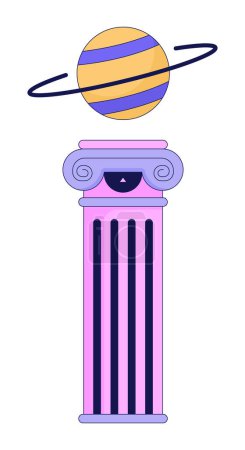 Illustration for Mystery ancient column ring planet 2D linear cartoon object. Greek pedestal universe Saturn isolated line vector element white background. Cosmos deep space pillar color flat spot illustration - Royalty Free Image