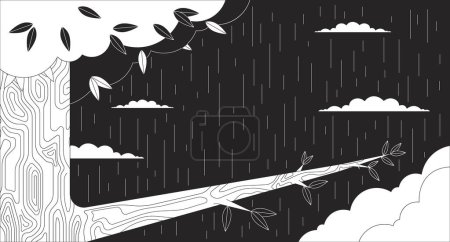Téléchargez les illustrations : Branche de chêne sur forêt tropicale nuit contour 2D fond de dessin animé. Automne nuit temps pluvieux linéaire illustration vectorielle esthétique. Woodland pluie plat fond d'écran art, image lofi monochrome - en licence libre de droit