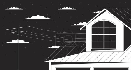 Illustration for Outside window attic on starry night clouds outline 2D cartoon background. Nighttime roof house outdoor linear vector illustration. Cottage evening flat wallpaper art, monochromatic lofi image - Royalty Free Image