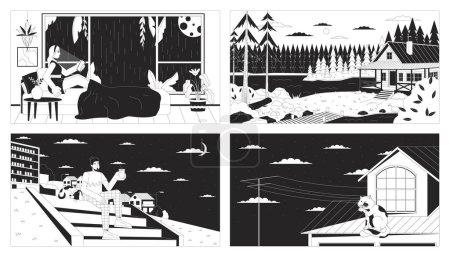 Illustration for Recreation adults dusk black and white lofi wallpapers set. Sleepless night, cozy cabin 2D outline cartoon flat illustrations. Relax man dog, cat on roof vector line lo fi aesthetic backgrounds pack - Royalty Free Image
