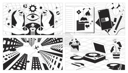 Illustration for Vibrant vintage 90s black and white lofi wallpapers set. Esoteric, plane skyscrapers 2D outline cartoon flat illustrations. Travel journal, vinyl player vector line lo fi aesthetic backgrounds pack - Royalty Free Image