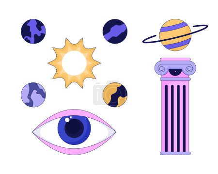 Illustration for Mysterious cosmos planets 2D linear cartoon objects set. Ancient pillar, eyeball eye, sun system isolated line vector elements white background. Universe space color flat spot illustrations collection - Royalty Free Image