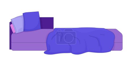 Illustration for Messy bed 2D linear cartoon object. Unmade bed pillows, crumpled wrinkled blanket isolated line vector element white background. Peaceful afternoon bedroom furniture color flat spot illustration - Royalty Free Image