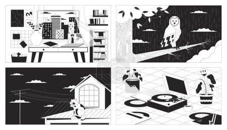 Illustration for Relaxing atmospheric black and white lofi wallpapers set. Cozy study space, rainy night owl 2D outline cartoon flat illustrations collection. Cat licking, vinyl player vector line lo fi backgrounds - Royalty Free Image