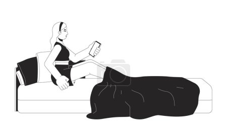 Ilustración de Chica con teléfono en la cama desordenada personaje de dibujos animados 2D en blanco y negro. Rubia mujer caucásica sosteniendo teléfono inteligente aislado vector contorno persona. Ilustración plana monocromática de desplazamiento final - Imagen libre de derechos